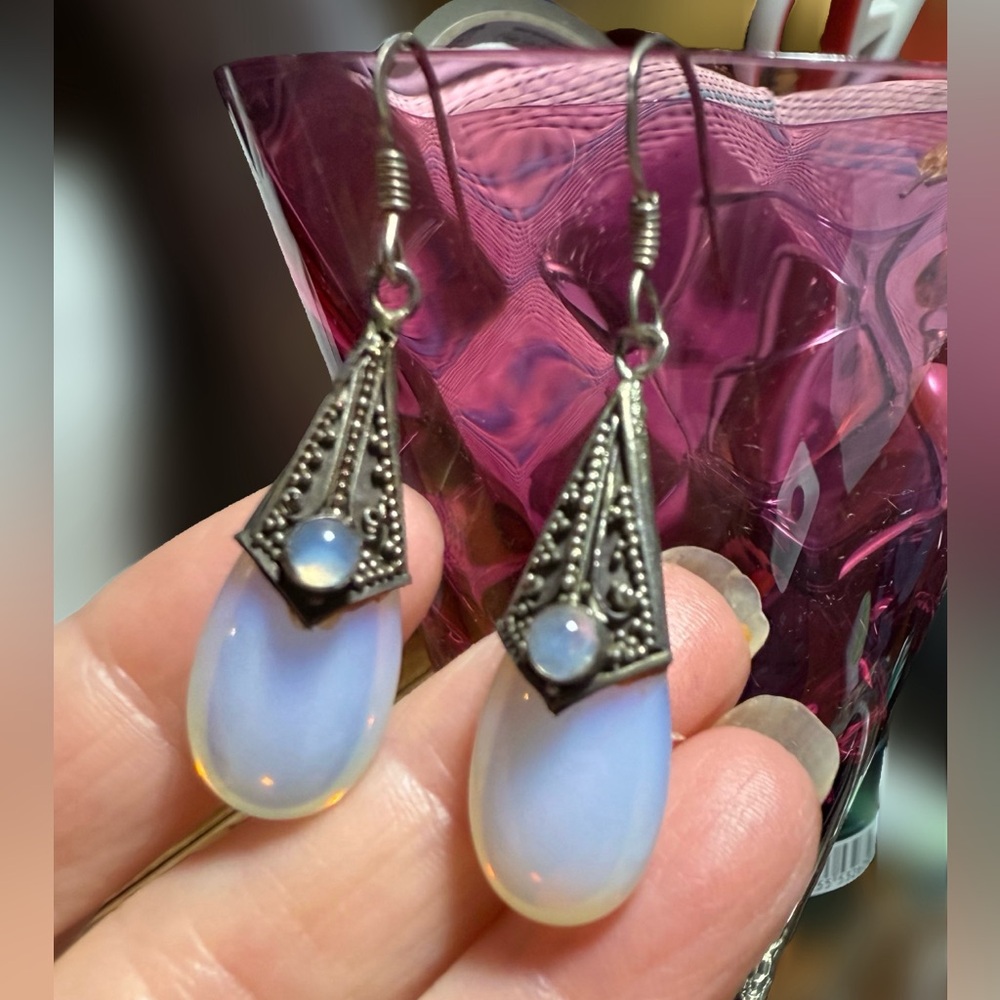 Sterling Silver 925 Opal Glass Earrings Estate Find